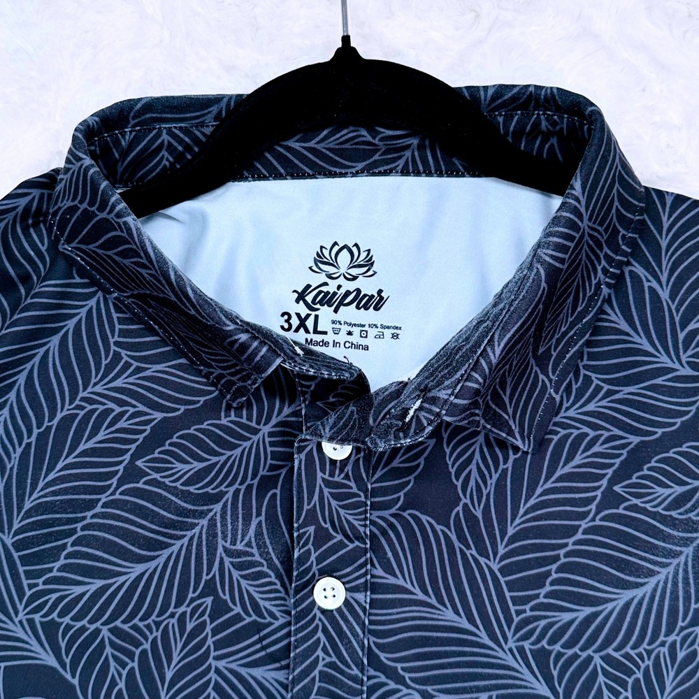 Kaipar Mens 3XL Golf Polo Shirt Black Grey Leaf Print Stretch Performance Short
